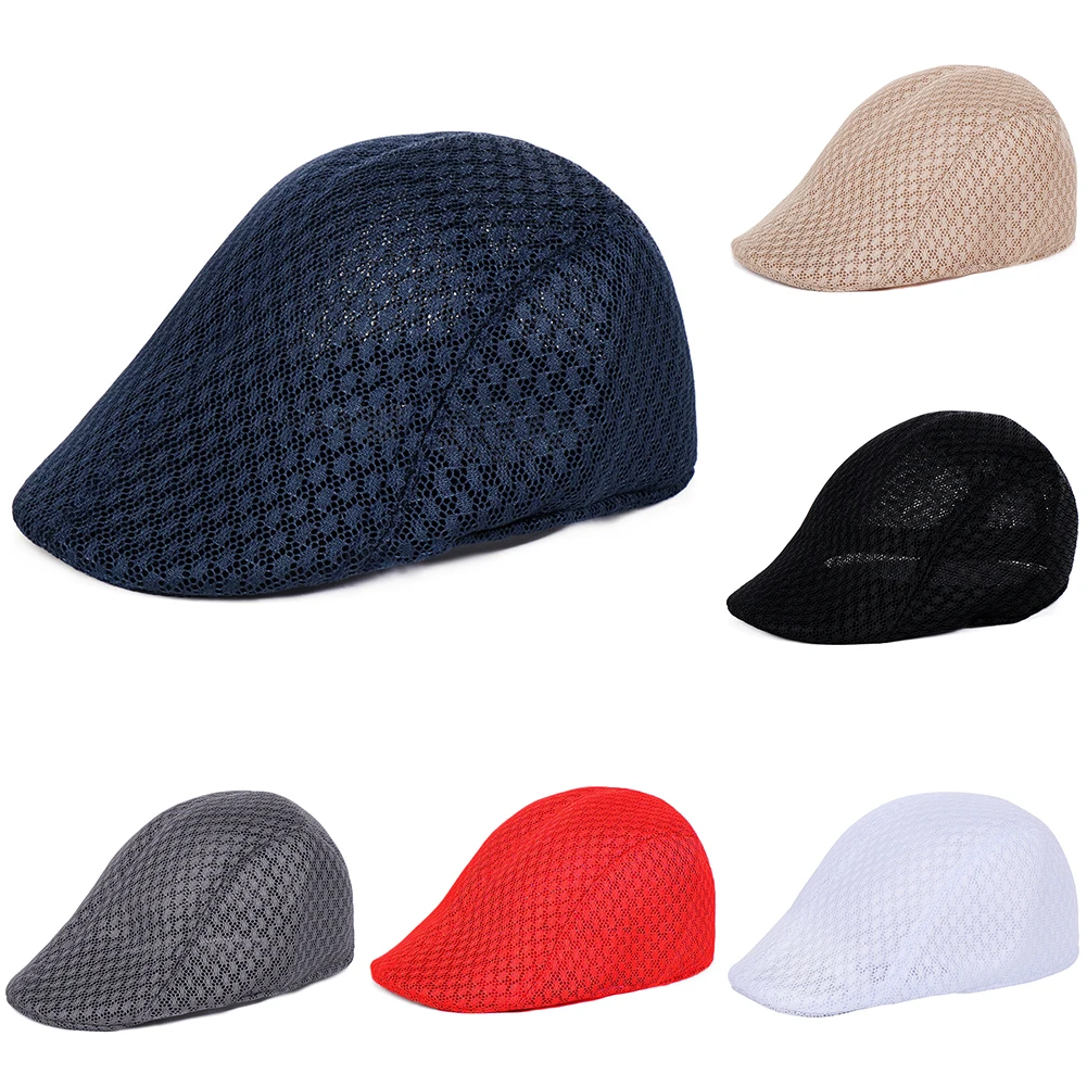 

Fashion Adjustable Breathable Golf Sunscreen Caps Summer Men Women's Casual Mesh Flat Beret Hat Solid Color Hollow Mesh Hat