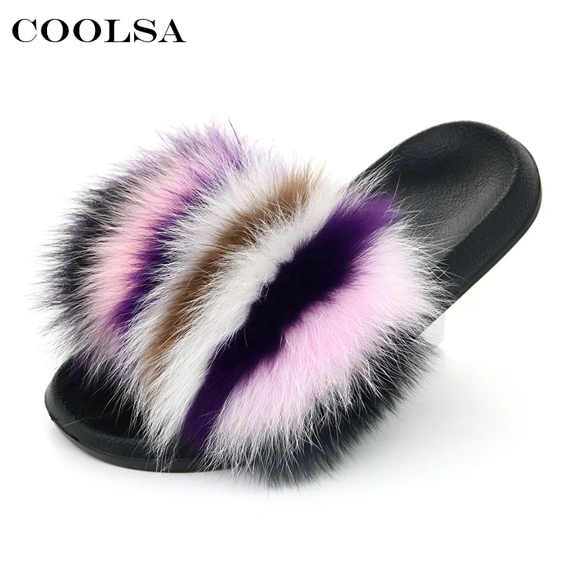 Purple stripes Coolsa Для женщин лисий мех тапочки в форме сердца разноцветные пушистые реального меховые шлепанцы женские сандалии с мехом дома милые плюшевые обувь - Цвет: Purple stripes