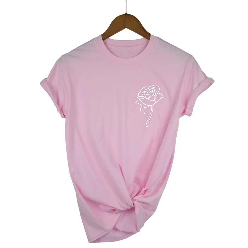 Женская футболка из чистого хлопка с принтом роз и карманами повседневная