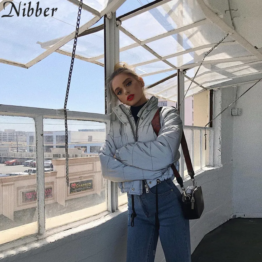 Nibber зимняя светоотражающая парка пуховик Женская модная укорочённая тёплая серая куртка на поясе резинке осеннее Активная одежда
