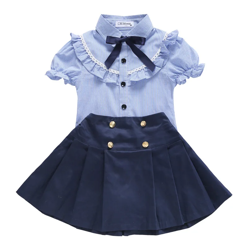 

Children Cotton Korean Japanese School Uniform for Girls Boys Blue Shirt Navy Skirt Shorts Set Tie Clothes Student Outfits Suit