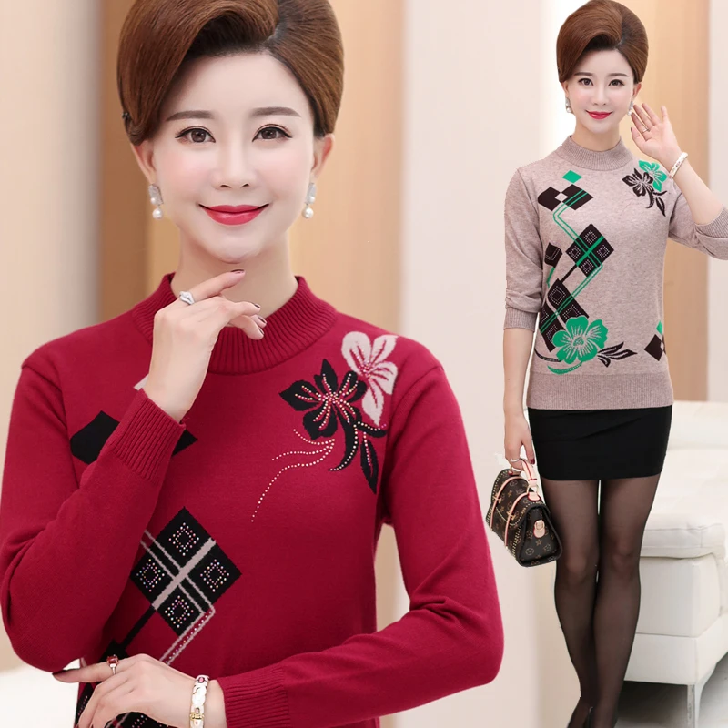 2020 New Autumn Winter Middle-aged Women Knit Sweater Plus size 4XL Fashion Slim O neck Pullover Shirt Casual Tops | Женская одежда