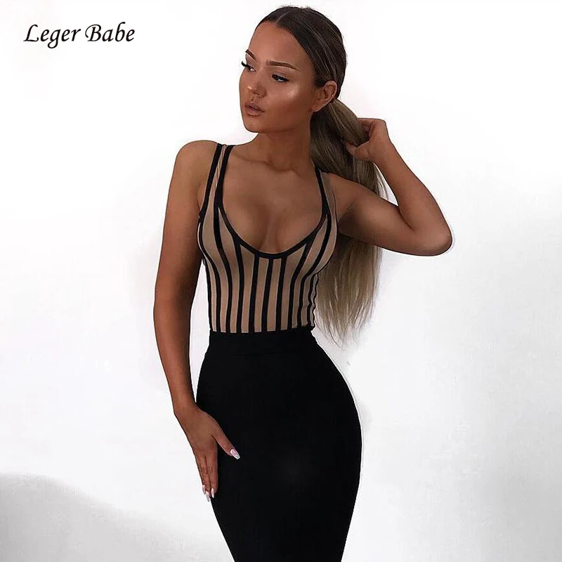 Leger Babe 2018 новые женские летние бандажные боди наряды сексуальная полосатая
