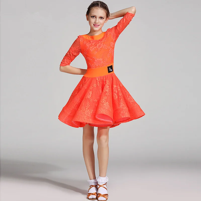

Girls Lace Milk silk Latin dancing dress Kids Ballroom Salsa Dance wear Outfits Children's Party Stage wear costumes long sleeve