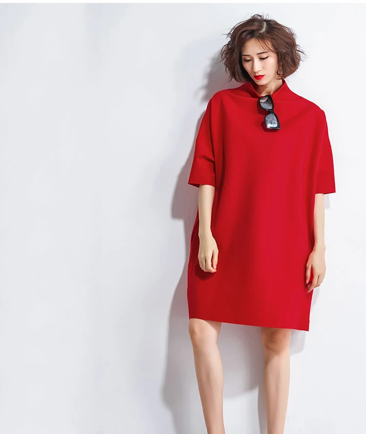 [XITAO] Korea New Autumn Casual Women Turtleneck Above Knee Dress Female Half Sleeve Solid Color Pullover Dress GWY2464