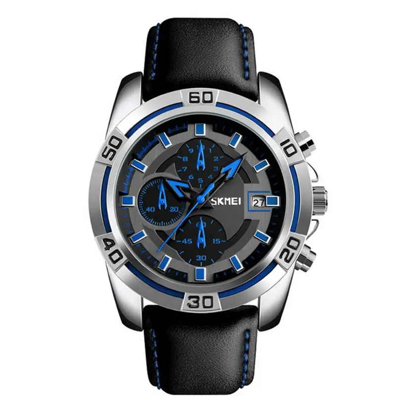 Blue Skmei мужские модные спортивные военные часы с хронографом кожаные мужские кварцевые наручные часы водонепроницаемые мужские часы 9156 - Цвет: Blue