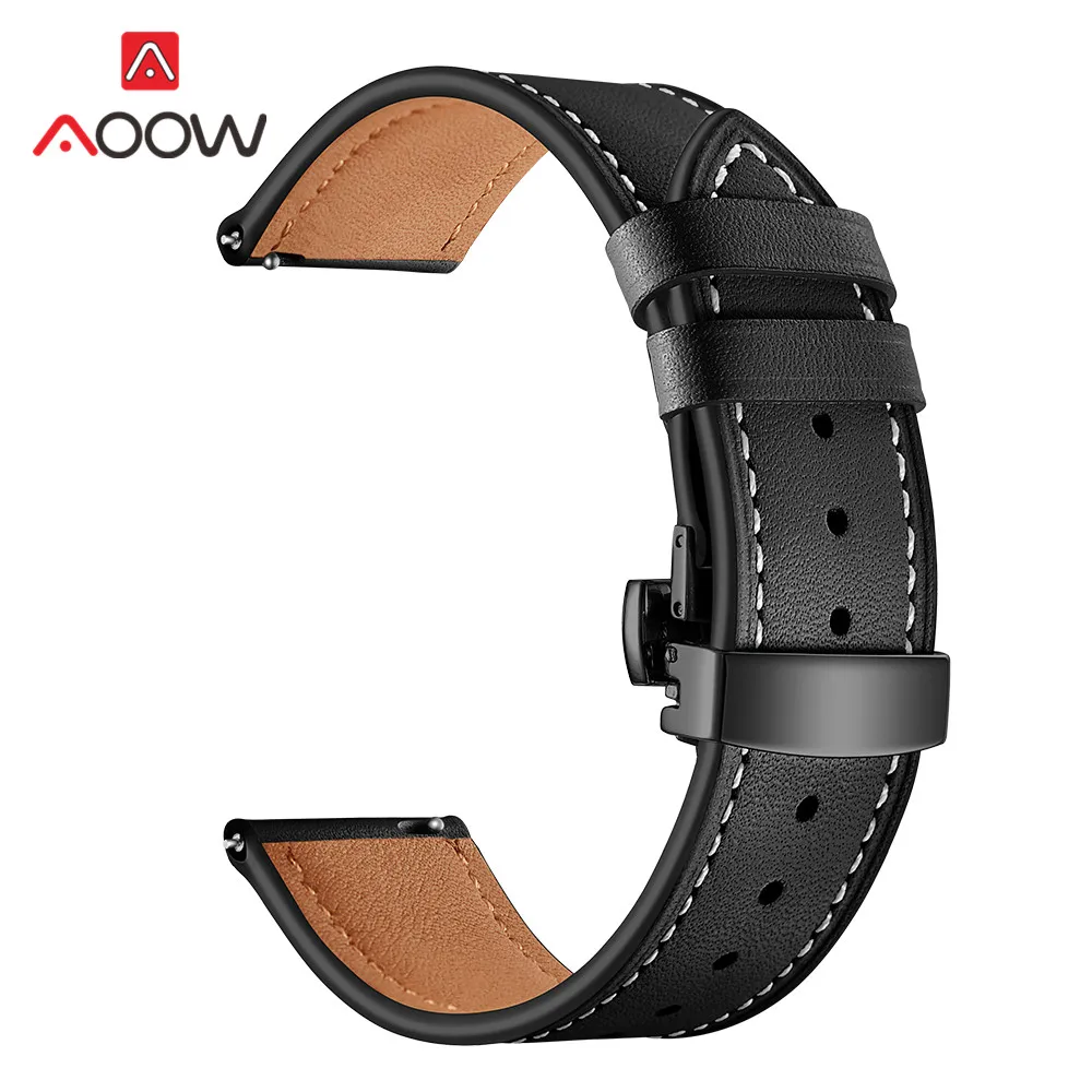 Black black 20 мм 22 мм ремешок из натуральной кожи для samsung Galaxy Watch Active 42 мм 46 мм Бабочка Пряжка браслет ремешок аксессуары - Цвет ремешка: Black black