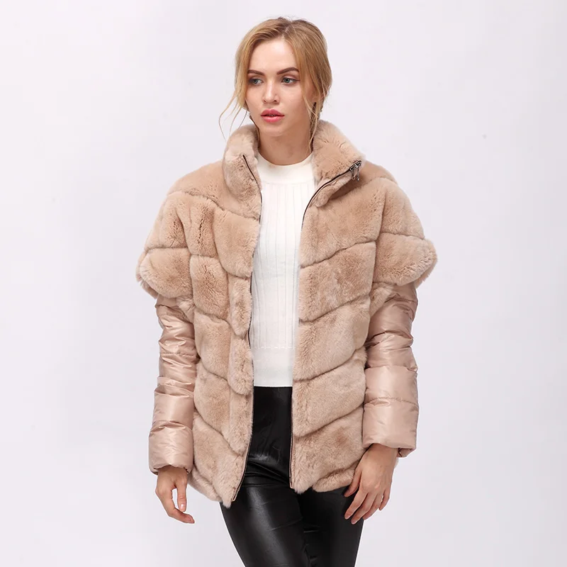 beige 2 натуральная шуба из меха кролика рекс с воротником стойка с рукавами летучая мышь рукав на молнии трансформер Шуба-пуховик из меха кролика - Цвет: beige