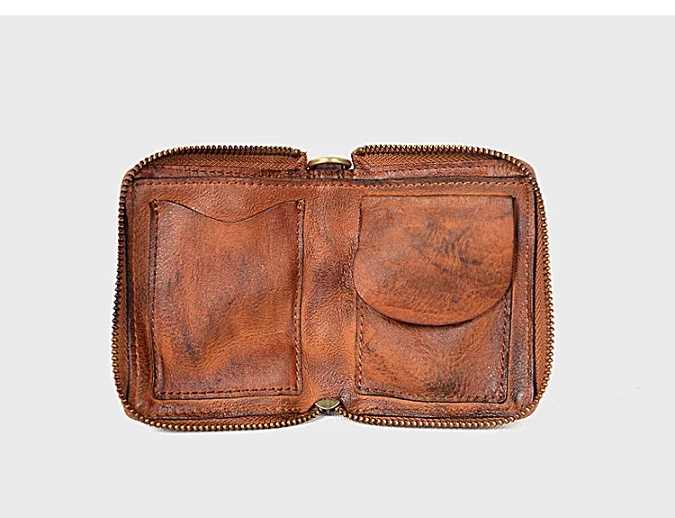 Brown Известный бренд из натуральной кожи мужской кошелек ретро растительный дубления кожа короткие молнии цепные кошельки Держатель для карт монет - Цвет: Brown