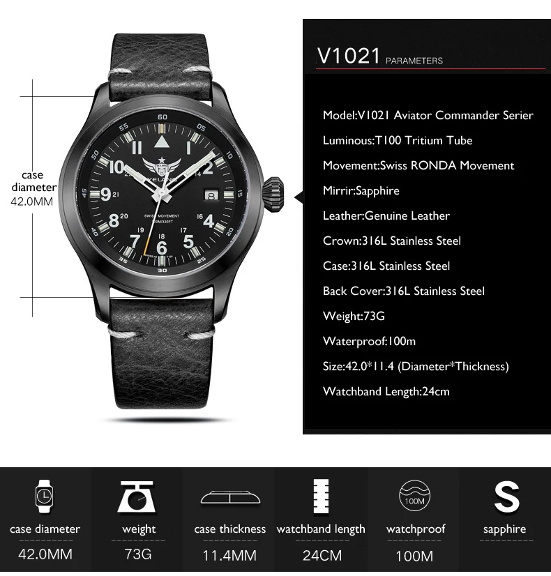 YELANG V1021 Авиатор серийер T100 Тритий трубы+ флуоресцентные номера 100 м водонепроницаемый кожаный ремешок мужские кварцевые наручные часы