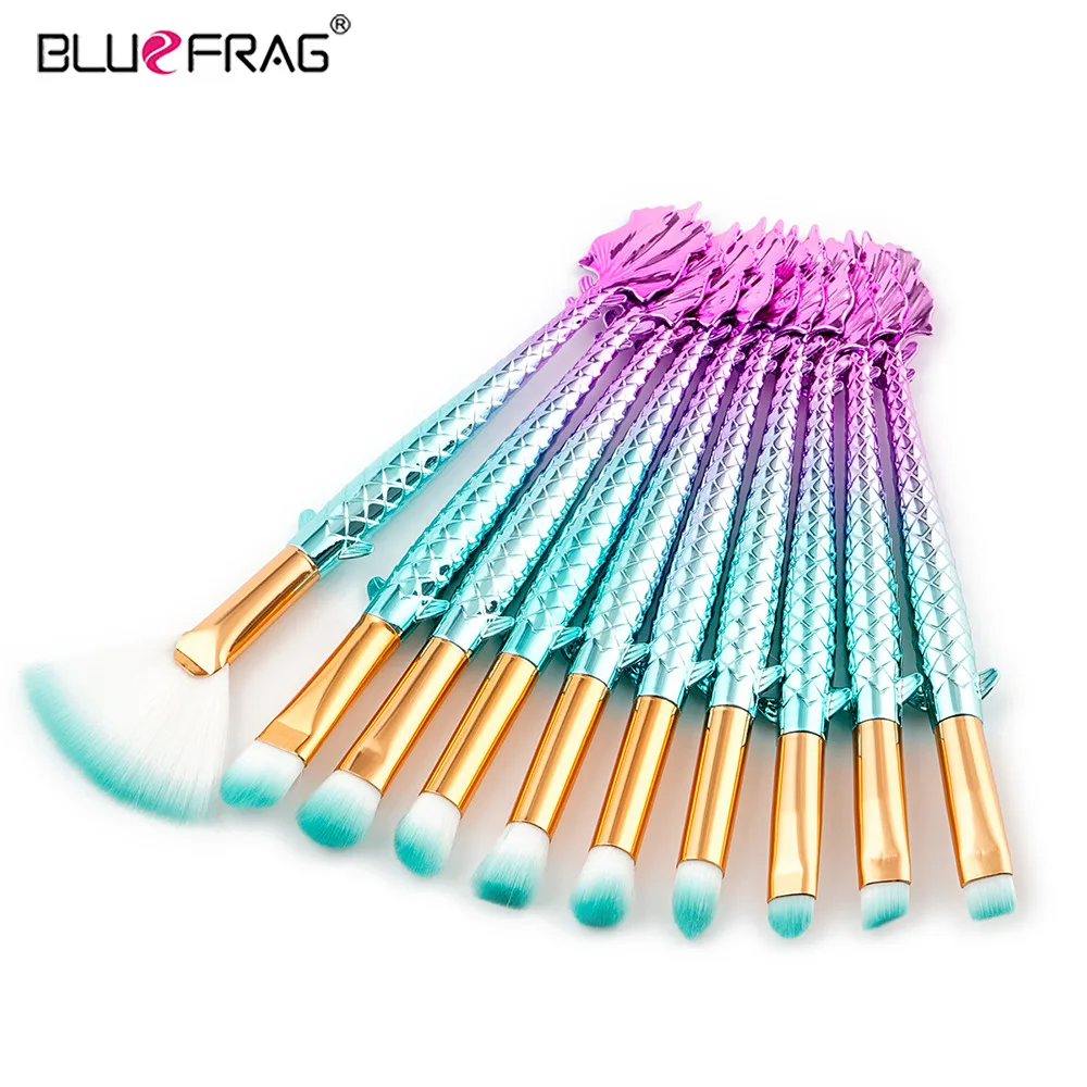 BLUEFRAG Mermaid Makeup Brushes 10pcs Professional Kit Contour Brush Eyeshadow Blending Brand Foundation Set | Красота и здоровье