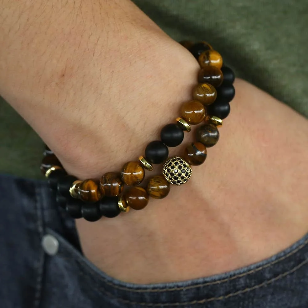 Браслет с тигром и камнями из бусин мужской браслет золотыми бусинами для