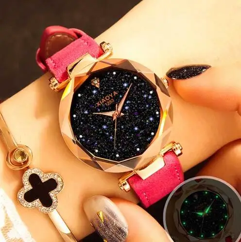 Ladies Watch New Casual Fashion Quartz Watch Starry Sky Multicolor Leather Wristwatch Simple Designer Women Clock Orologio - Цвет: rose red