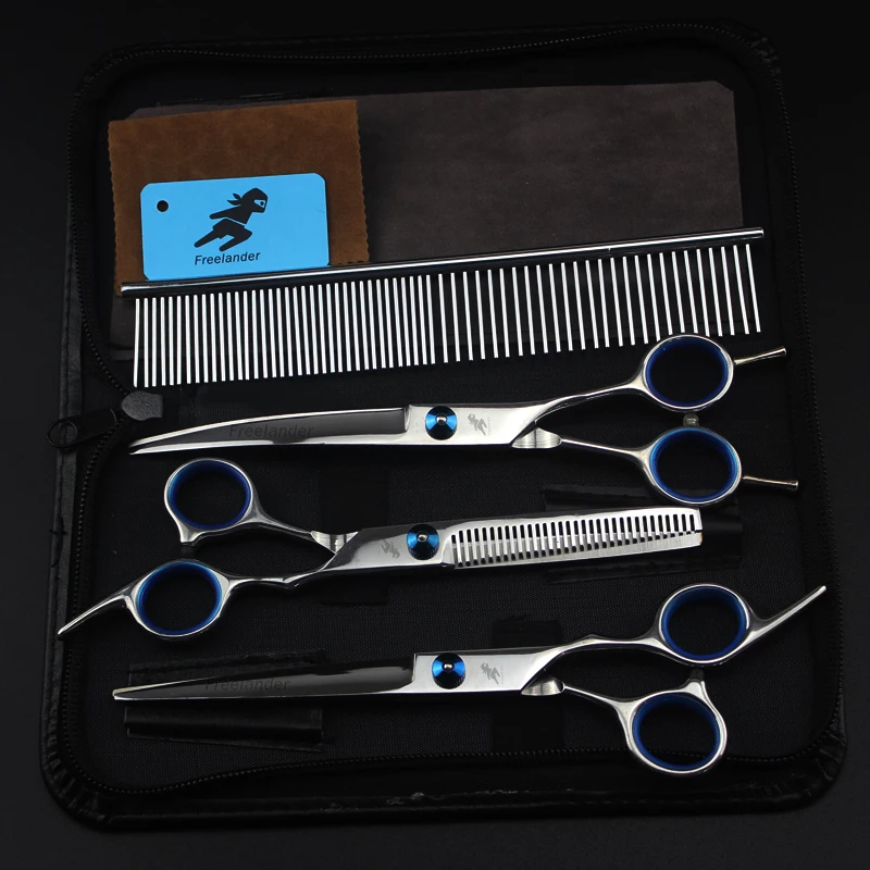 

7.0 inch Blue screw 4 piece set pet grooming scissors straight cut bending scissors tooth scissors set