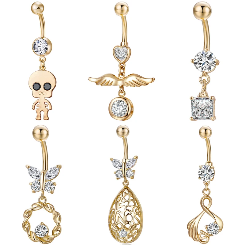 Сталь пупка кольца Хрустальный пирсинг Золото Скелет Для женщин живот