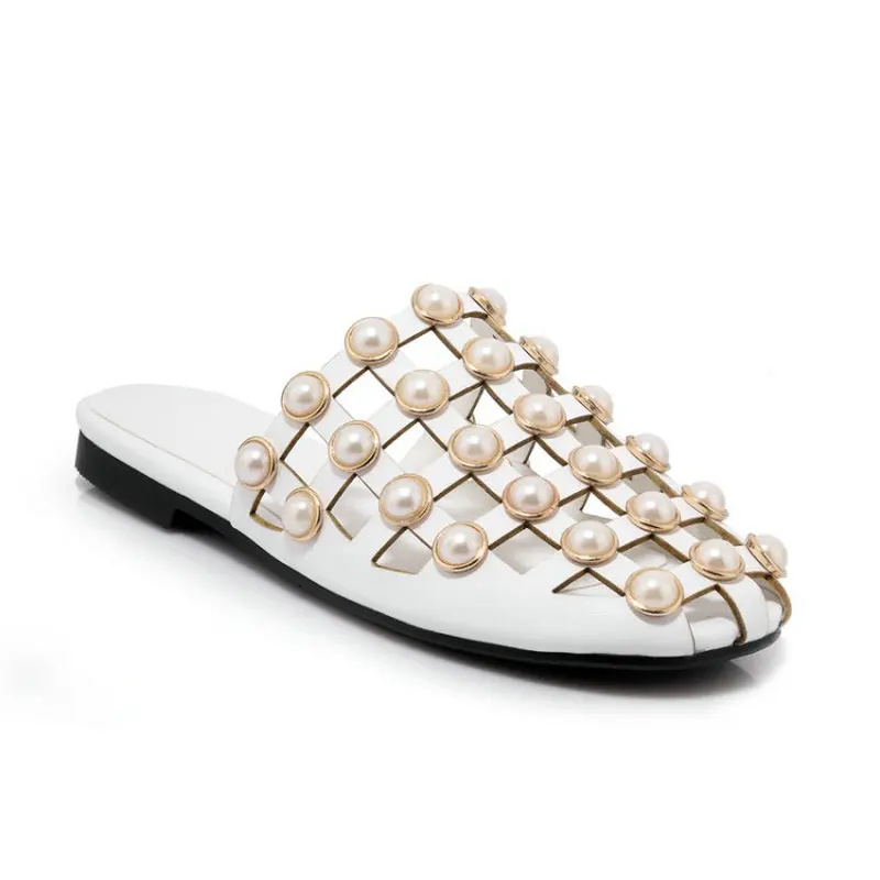 ZawsThia summer pu leather flat slides shoes woman slippers with pearls cover toe hallow cut out mules extra large size 46 47 48 | Обувь