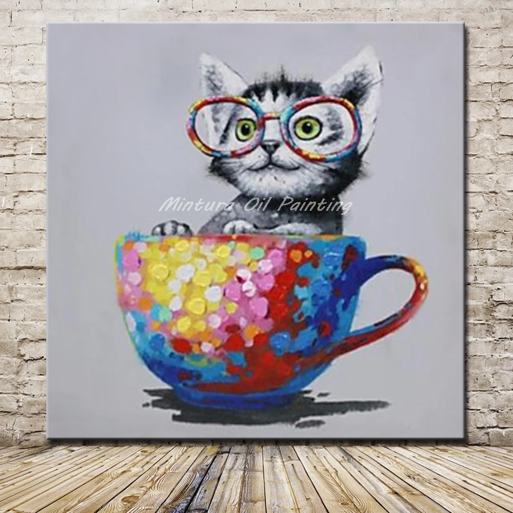 Картины Arthyx ручная роспись мультяшная чашка и кот животные Масляные картины на