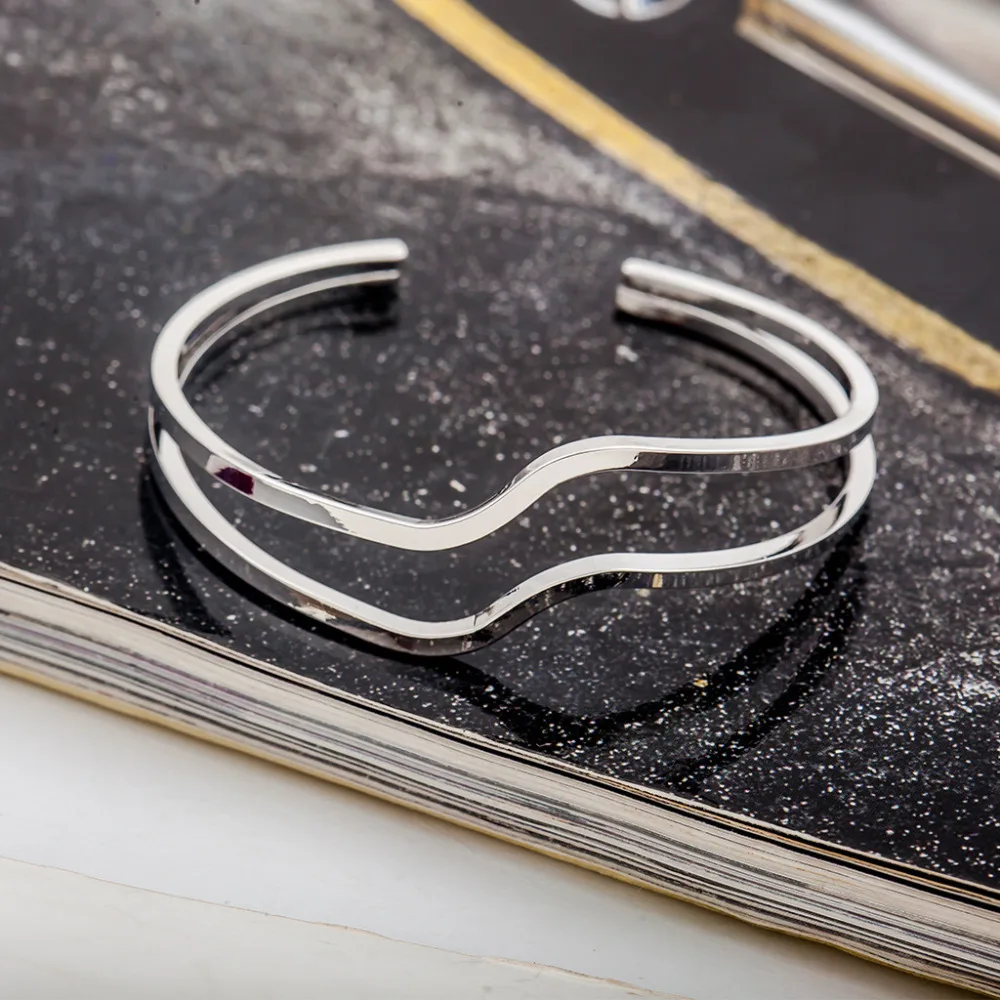 Серебряный позолоченный черный браслет Открытый манжета подвеска в виде волн