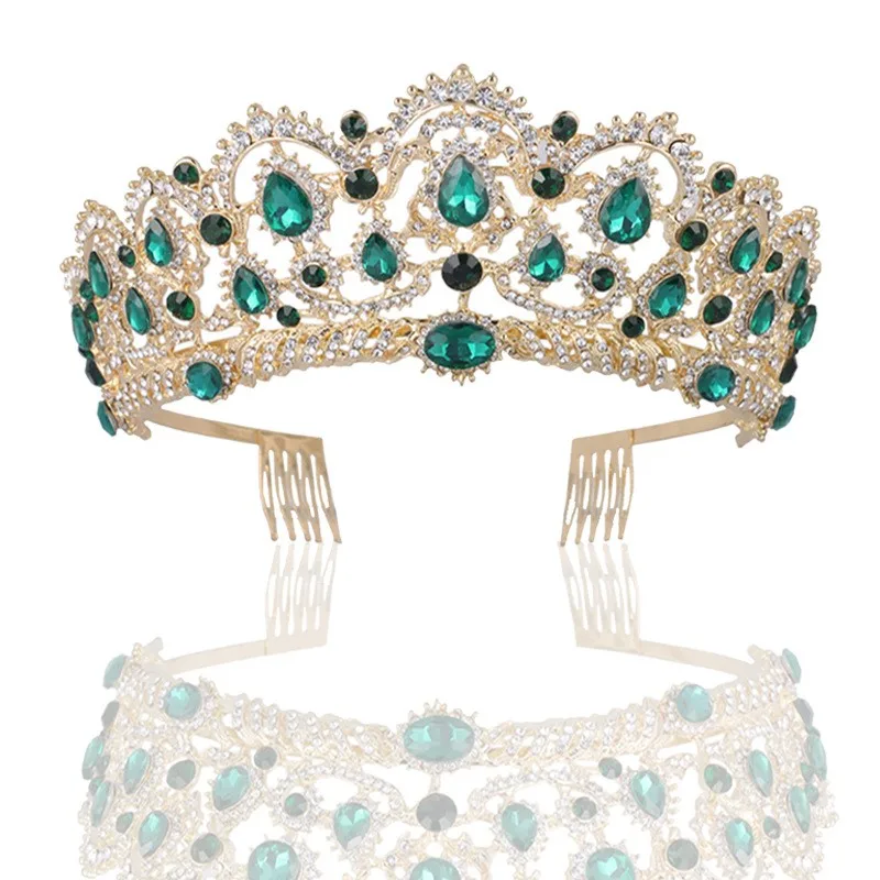 Gold Green With Comb Розовое золото, розовый цвет, винтажное украшение для волос в стиле барокко, королева, король, жемчуг, кристалл, тиара и корона с гребнем, повязка на голову, свадебные Стразы, диадема - Окраска металла: Gold Green With Comb
