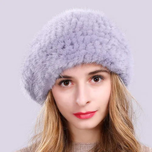 blue Новинка, стильные зимние шапки из натурального меха норки, женские вязаные шапки из натурального меха норки, женские эластичные шапки из меха норки - Цвет: blue