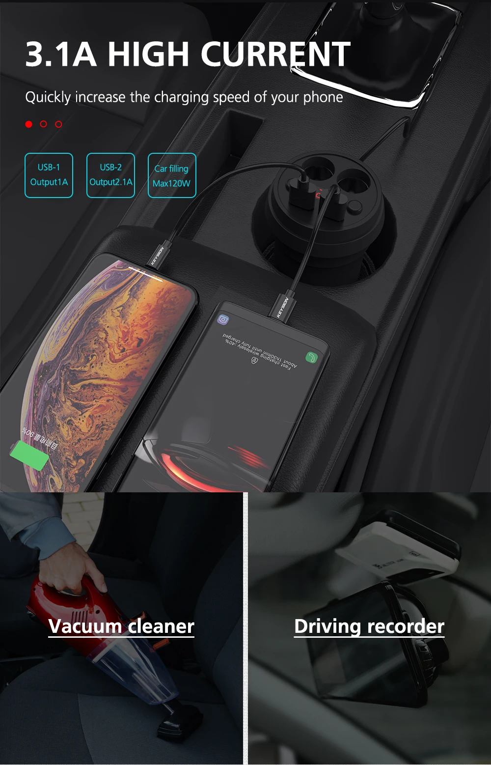 KEYSION 3.1A/120 Вт двойной USB Автомобильное зарядное устройство для зарядки чашки светодиодный цифровой дисплей Зарядка для телефона с 2 гнездами прикуривателя для gps DVR