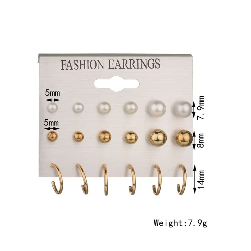 9 Pairs/Set Fashion Stud Earring Set Mix Women Gold Color Metal Round Ball Simulated Pearl Circle Brincos 2018 NEW | Украшения и