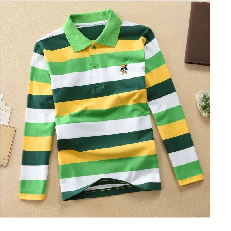 Розовый High quality 4-12 years old boy polo shirt long sleeve shirt lapel round neck striped solid color cotton T-shirt - Цвет: Розовый