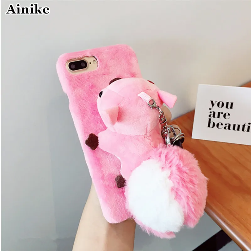 Мягкий чехол для задней панели Ainike с пушистой куклой для iPhone X, 5S, SE, 6S Plus, 7 Plus, 8 Plus, XR, XS, MAX, 3D, милая мультяшная игрушка, животное, Меховой чехол для телефона