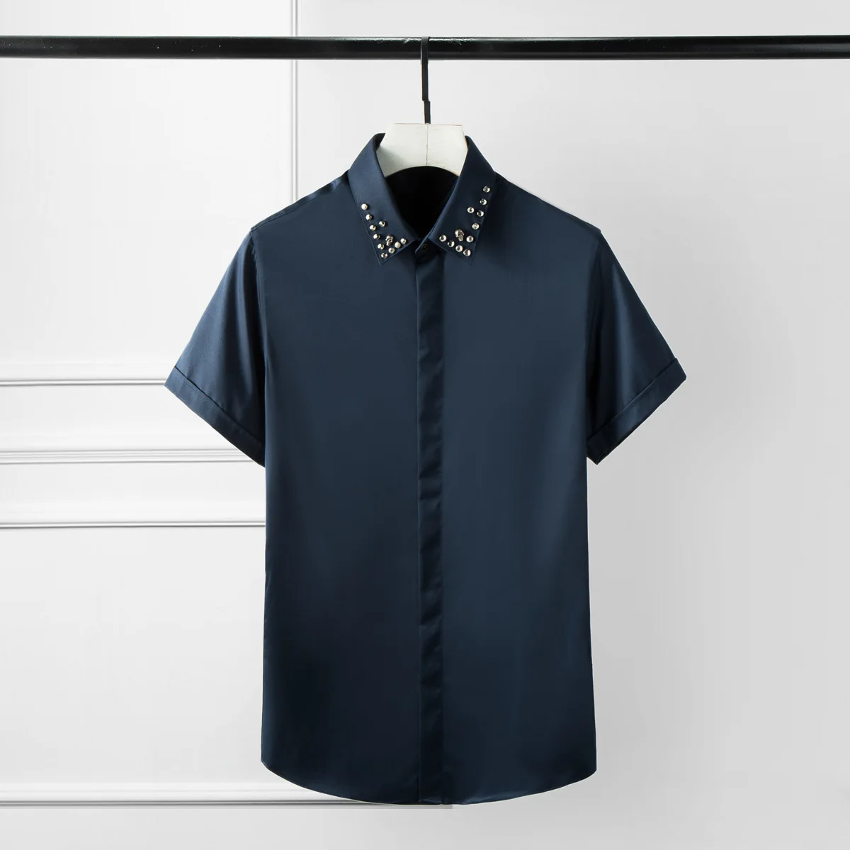 Summer Mens Shirts Luxury Skull Rivet Solid Color Short Sleeve Dress Plus Size 4xl Party Night Club Slim Shirt Man | Мужская одежда
