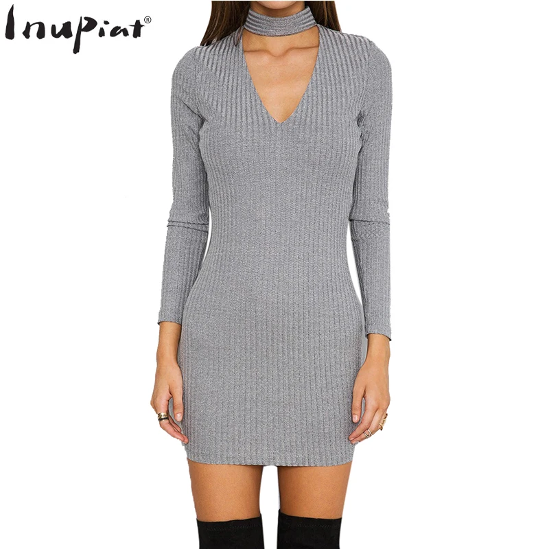 Для женщин облегающее платье Новинка 2017 года пикантные осенние вязаное Глубокий