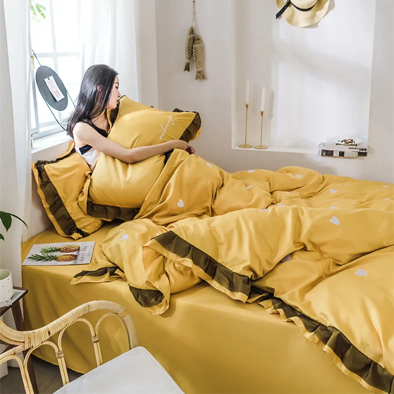 Modern Style 3 4pcs Bed Sets Duvet Cover Sheet Pillowcase Ruffles Fresh Yellow With Love Heart Design Full Queen King | Дом и сад