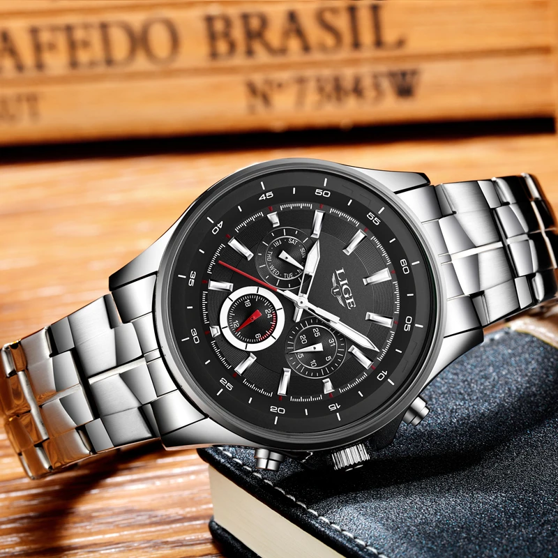 Роскошные брендовые LIGE Модные Бизнес Кварцевые часы мужские серебряные стальные