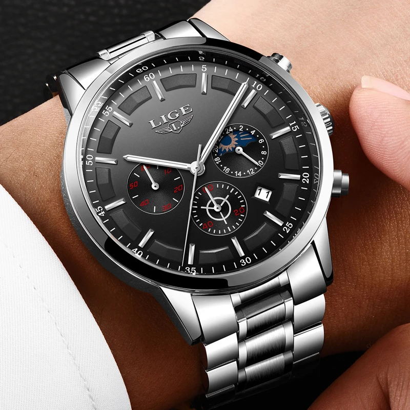 Relogio Masculino LIGE модные мужские часы с хронографом Moon phase Топ бренд Бизнес Кварцевые