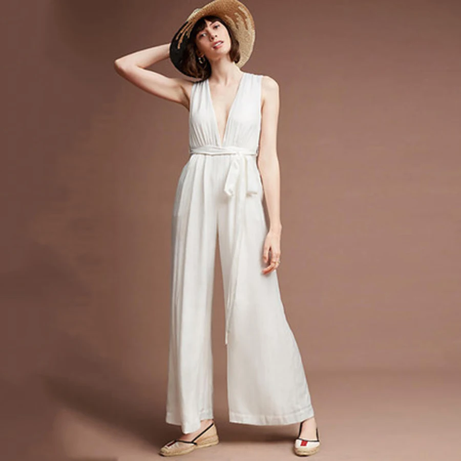 Глубокий V белый комбинезон женский сексуальный костюм s без рукавов бандажный