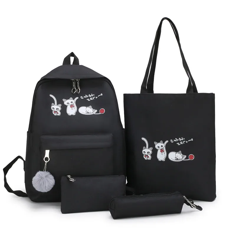 4Pcs/Set Travel Casual Oxford Letter Backpack Preppy Style Cute School Bags For Teenage Girls Women Cat Book Bag Rucksack Dame - Цвет: Black-S