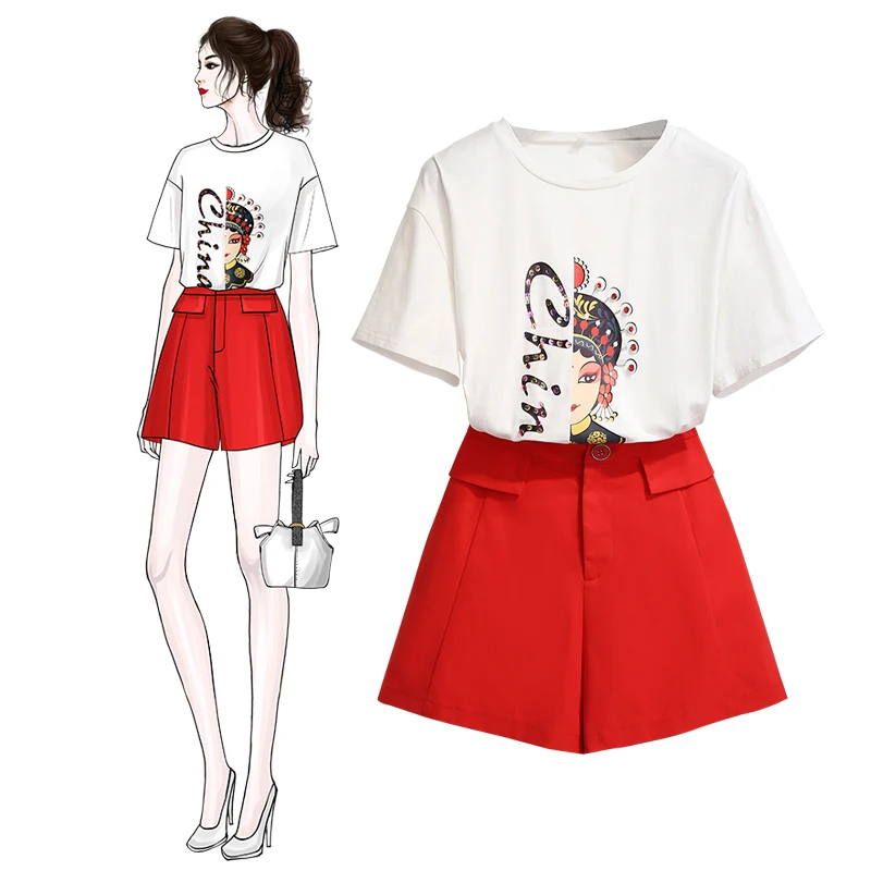 Женская одежда Летний Новый женский комплект с принтом короткий рукав