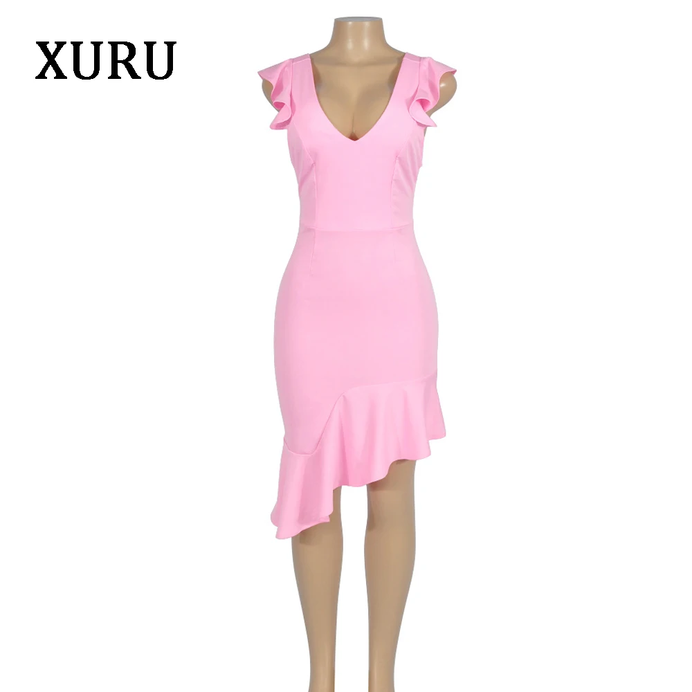 

XURU 2020 spring new dress sleeveless Slim sexy ruffled dress V-neck irregular dresses