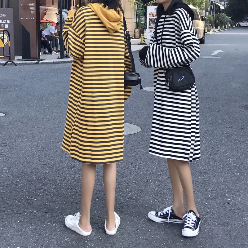 women clothes 2018 new arrival autumn korean fashion student long sleeve stripe hooded casual cotton ladies sweater dresses | Женская