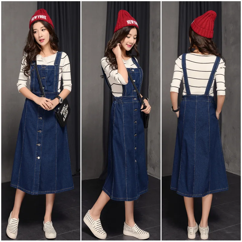 Женская джинсовая юбка на подтяжках длинная Повседневная трапециевидная с