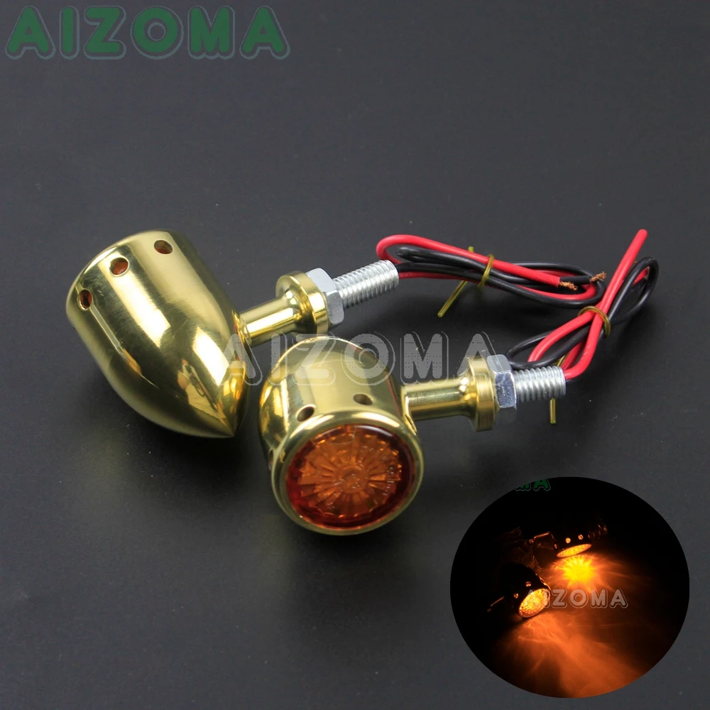 Motorcycle 12v Solid Brass Bullet Turn Signal Blinker Light Amber Flasher Indicators for Harley Chopper Sportster Softail Custom |