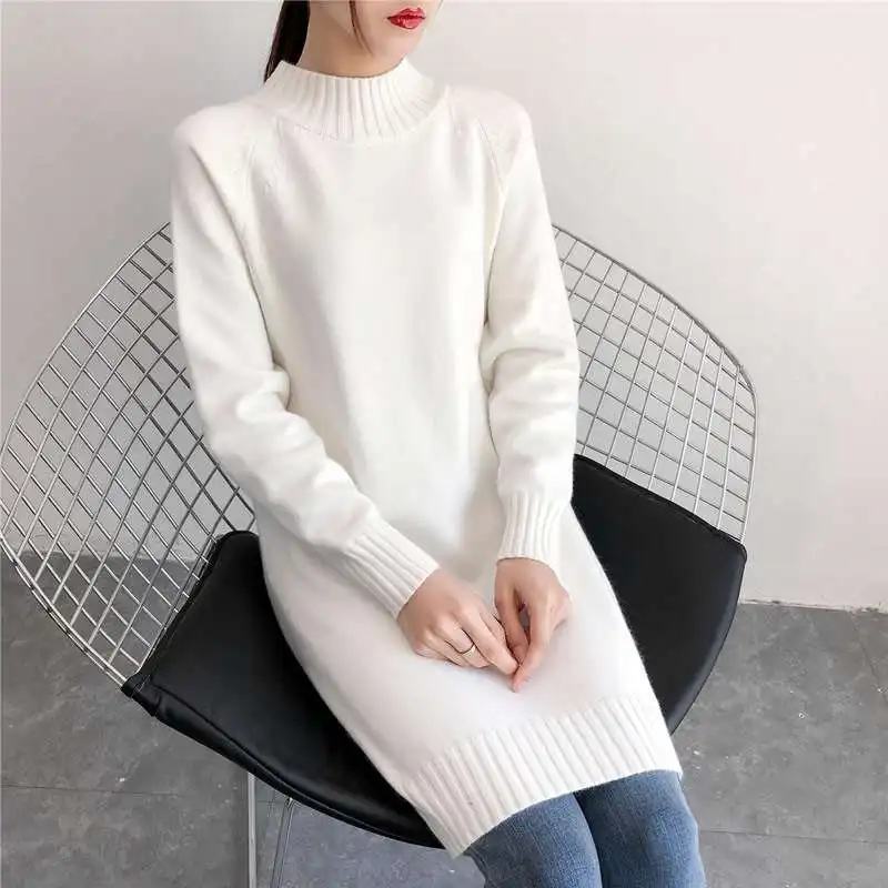 Пуловер женский средней длины Осень-зима 2019 свободный с полувысоким воротником