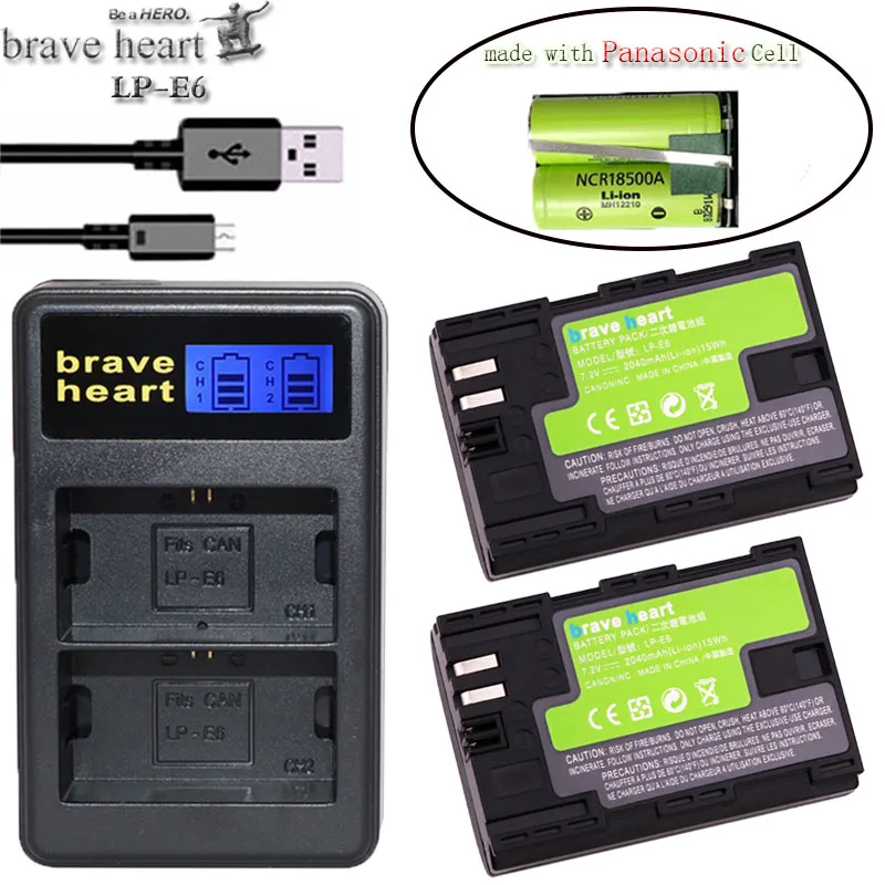 charger and 2battery 2040 мАч LPE6 LP-E6 LP-E6N LP E6 E6N батарея сделана с Panasonic ячейка LPE6N батарея для Canon EOS 5D Mark II III 7D 60D 6D - Цвет: charger and 2battery