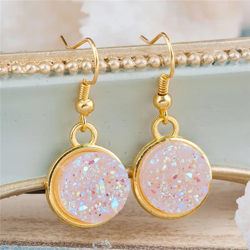 DoreenBeads ручной работы смолы Drusy Chic Висячие Серьги Золото Цвет Круглый нерегулярные ювелирные изделия с блестками 34 мм(1 3/") x 15 мм(5/8") 1 пара - Окраска металла: light pink