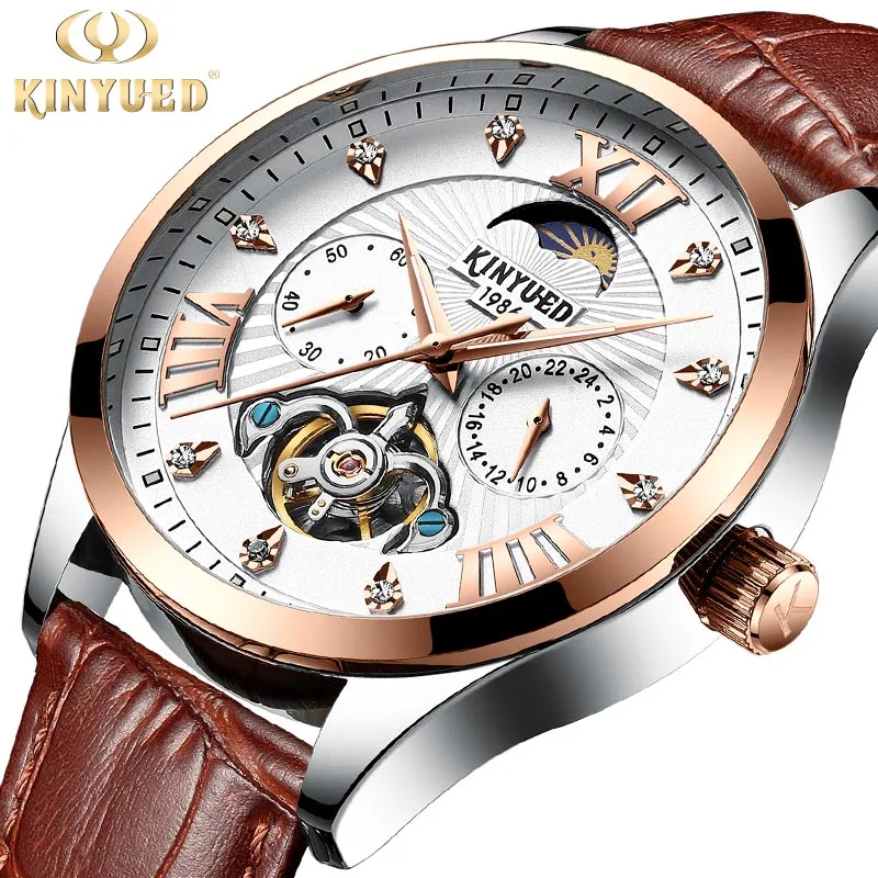 leather White gold KINYUED Для мужчин часы механические Tourbillon Роскошные модные брендовые Мужские Спорт Tourbillon часы Для мужчин s автоматические часы Relogio Masculino - Цвет: leather White gold