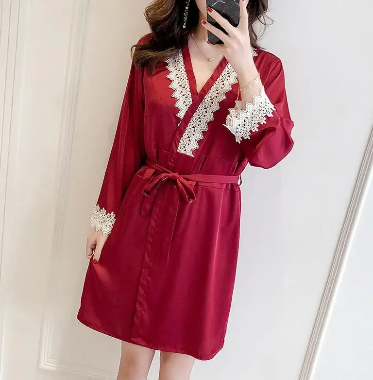burgundy Пижамный костюм из вискозы, комплект из 3 предметов, летний теплый пижамный комплект с длинными рукавами, пижама с v-образным вырезом, модная ночная рубашка, домашняя одежда для женщин - Цвет: burgundy