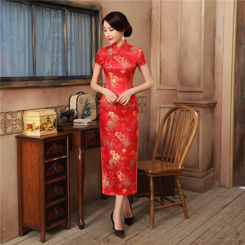 

Shanghai Story chinese traditional Clothing Long Qipao Dress Folk style Faux Silk cheongsam dress Oriental Dresses 6 Color