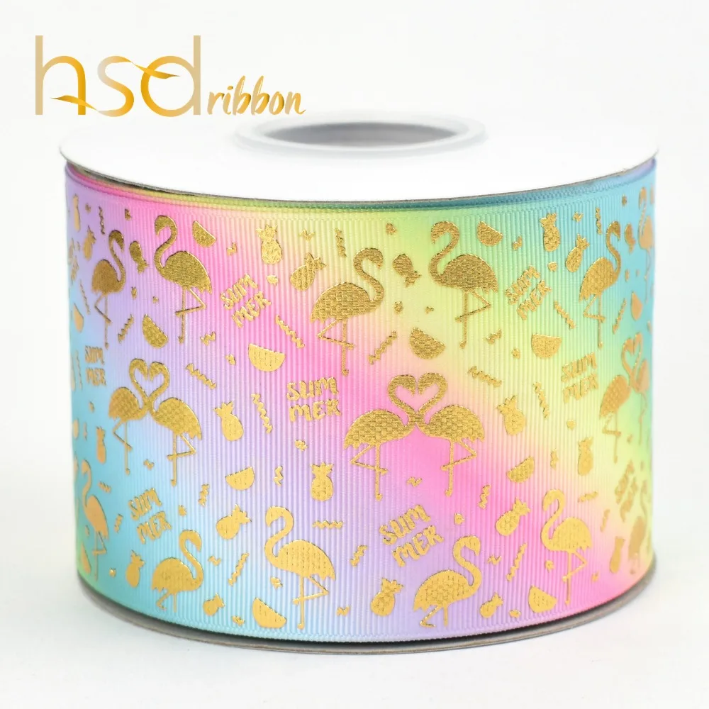 HSDRibbon 3 inch 75mm gold foil custom printed flamingo grosgrain ribbon | Дом и сад