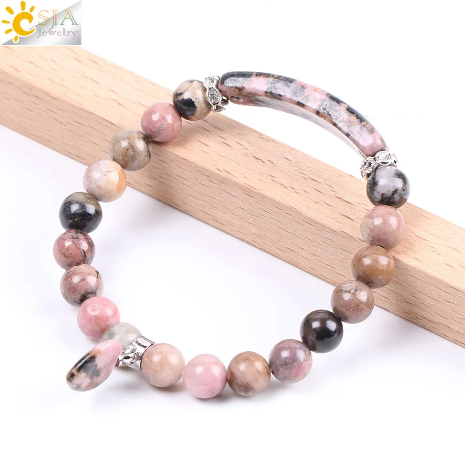 CSJA, браслеты с натуральным драгоценным камнем, линия родонита, любящее сердце, подходящие бусины из лечебных камней, браслеты, прямоугольные камни для женщин, ювелирные изделия F104