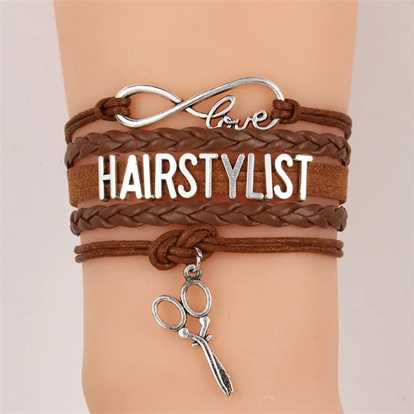 brown Прямая поставка, бесконечность любовь HAIRSTYLIST браслеты и браслеты Ножницы Шарм плетеный кожаный браслет обертывание ювелирные изделия для барберов - Окраска металла: brown