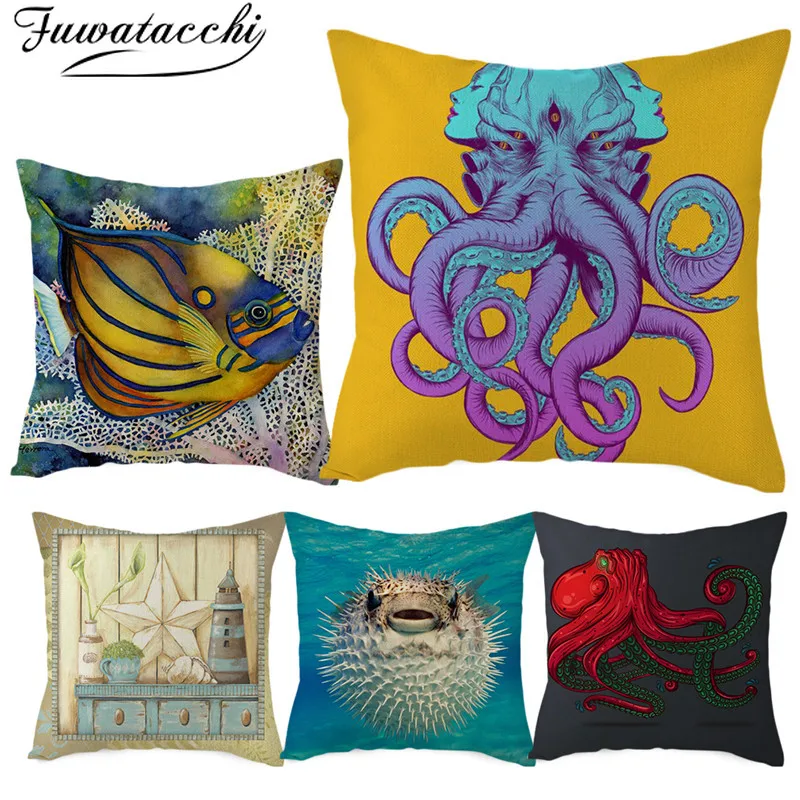 

Fuwatacchi Sea Animal Cushion Cover Fish Hippocampus Puffer Fish Cover for Home Chair Car Decorative Pillows Linen Throw Pillows